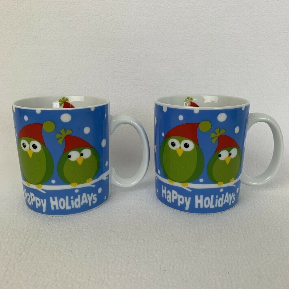 Pier 1 Owls Happy Holiday Mugs Set of Two Collectibles Christmas New